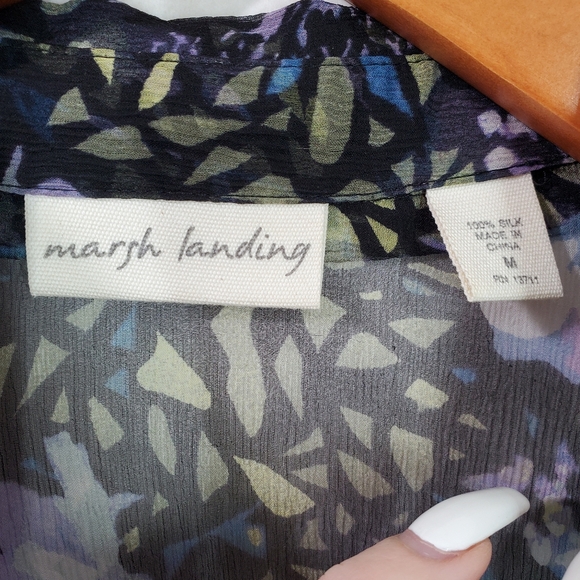 MARSH LANDING 100% Silk Black and Purple Sheer Button Up Floral Top Sz M - Picture 5 of 11